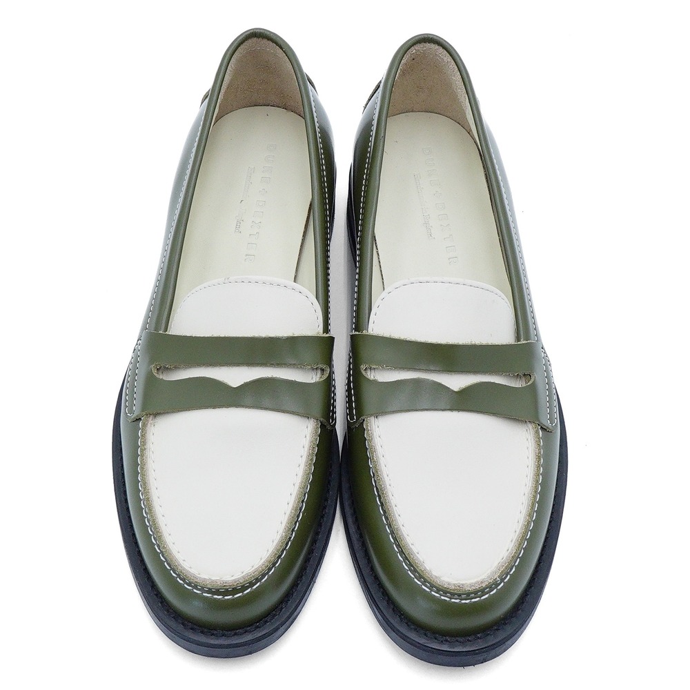 NWT DUKE + DEXTER Women's US 7/UK 5 Olive Green White Leather Penny Loafer Shoes - Picture 2 of 11